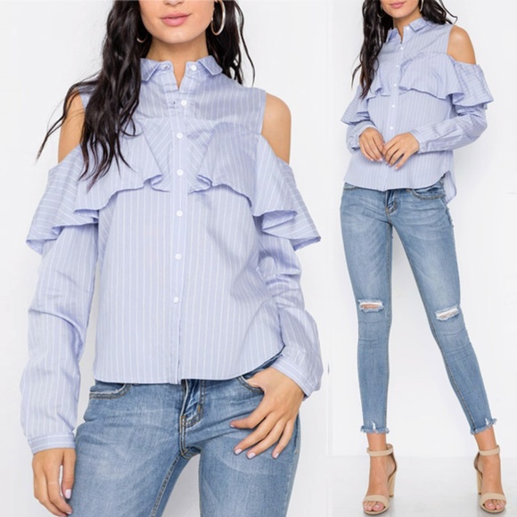 After Market Tops - Light Blue Striped Cold Shoulder Ruffle Shirt Top